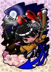  ahoge bell black_hair carnation chibi cloud floral_print flower frills full_moon hair_flower hair_ornament holding houjuu_nue japanese_clothes kimono moon night pagoda polearm red_eyes short_hair socha solo spear star stone tassel teeth touhou trident weapon wings 