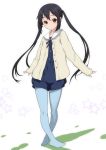  black_hair blue_legwear bow brown_eyes cardigan crossed_legs_(standing) joy_ride k-on! k-on!_movie long_hair looking_at_viewer nakano_azusa no_shoes outstretched_arms pantyhose sailor_collar solo spread_arms standing twintails white_background 