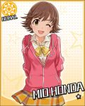  character_name honda_mio hooded_track_jacket idolmaster idolmaster_cinderella_girls jacket official_art open_mouth pleated_skirt ribbon school_uniform short_hair skirt sleeves_pushed_up smile solo star sun_(symbol) wink 