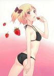  absurdres ass bare_shoulders bikini black_bikini blonde_hair blue_eyes blush bow breasts cover cover_page eating face flat_chest food fruit fruit_background gradient gradient_background hair_bow halterneck highres holding holding_fruit holding_strawberry kishida_mel looking_at_viewer open_mouth original photoshop short_ponytail short_twintails side_ponytail sideboob simple_background solo strawberry swimsuit twintails 