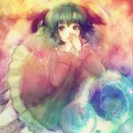  animal_ears bubble covering covering_face covering_mouth dress fingernails green_eyes green_hair hands_over_mouth hands_to_mouth kasodani_kyouko katari looking_at_viewer short_hair solo touhou 