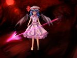  1girl absurdres barefoot bat_wings blue_hair haraguroi_you hat highres red_eyes remilia_scarlet solo spear_the_gungnir touhou wings 