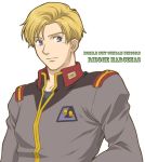  bad_id blonde_hair blue_eyes character_name gundam gundam_unicorn male military military_uniform redpipin riddhe_marcenas simple_background solo text uniform 