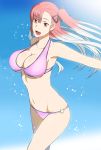  bikini bow breasts cleavage female fura gradient_hair hair_bow happy highres large_breasts long_hair midriff multicolored_hair open_mouth ponytail red_eyes red_hair redhead riela_marcellis senjou_no_valkyria senjou_no_valkyria_3 side_ponytail silver_hair solo swimsuit 