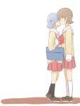  aioi_yuuko bag black_legwear blue_hair bow brown_hair fukodesu hair_cubes hair_ornament height_difference highres kiss kneehighs multiple_girls naganohara_mio nichijou over_shoulder school_uniform shoes short_hair short_twintails simple_background skirt tears twintails white_background white_legwear yuri |_| 