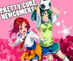  ball green_eyes green_hair hair_ornament hairclip hino_akane midorikawa_nao multiple_girls necktie neue_takuya pink_background ponytail precure red_eyes red_hair redhead school_uniform shirt_around_waist short_hair skirt sleeves_rolled_up smile smile_precure! soccer_ball sweater_around_waist 