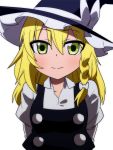  akeome blonde_hair bow braid bust face green_eyes hair_between_eyes hair_bow hat hat_bow jeno kirisame_marisa long_sleeves looking_at_viewer new_year simple_background single_braid smile solo touhou white_background witch witch_hat 