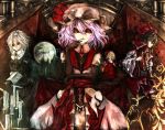  alternate_costume ascot back bad_id bat_wings blonde_hair blue_hair blush bow brown_hair castle clock dress elbow_gloves flandre_scarlet gloves gohei hair_bow hair_tubes hakurei_reimu highres hiro_j hirojou izayoi_sakuya jacket knife koumajou_densetsu long_hair moon multiple_girls night red_eyes remilia_scarlet short_hair siblings side_ponytail sisters skirt throwing_knife touhou weapon wings 