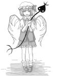  :d bad_id closed_eyes digital001 flandre_scarlet frilled_skirt greyscale happy_tears hat laevatein monochrome open_mouth side_ponytail simple_background skirt skirt_set smile solo standing tears the_embodiment_of_scarlet_devil touhou white_background wings 