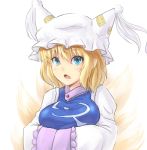  1girl blonde_hair blue_eyes breast_rest breasts bust fang fox_tail hands_in_sleeves hat hat_with_ears koissa looking_at_viewer multiple_tails open_mouth pointy_ears short_hair simple_background solo tail tassel touhou white_background yakumo_ran 