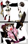  angry black_hair blush brown_eyes brown_hair fang geta hat himekaidou_hatate multiple_girls necktie photo_(object) pointy_ears shameimaru_aya short_hair skirt skirt_tug tokin_hat touhou twintails unya wings 