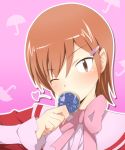  blush brown_eyes brown_hair bust hair_ornament hairclip heart kamen_rider kamen_rider_ooo kamen_rider_ooo_(series) kami_nomi_zo_shiru_sekai kosaka_chihiro medallion o_medal school_uniform serafuku short_hair solo wink yuto 