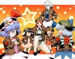  6+girls :&gt; azuki_osamitsu barefoot black_hair blue_hair blush bomber_jacket bow braid brown_hair chen child cirno closed_eyes cosplay crossed_arms eyes_closed grin hands_in_pocket hands_in_pockets hands_on_hips hat headdress hong_meiling hong_meiling_(cosplay) inaba_tewi izayoi_sakuya jacket leather_jacket long_hair maid_headdress multiple_girls open_mouth red_eyes red_hair redhead remilia_scarlet sharp_teeth short_hair silver_hair sleeves_rolled_up smile star touhou twin_braids |_| 
