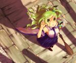  bad_id detached_sleeves from_above green_eyes green_hair hair_ornament kochiya_sanae long_hair looking_up skirt snake solo taoru touhou towelnyan 