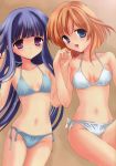  bikini blue_eyes blue_hair flat_chest furude_rika hand_holding higurashi_no_naku_koro_ni holding_hands houjou_yutori long_hair multiple_girls orange_hair purple_eyes ryuuguu_rena short_hair simple_background smile swimsuit violet_eyes 