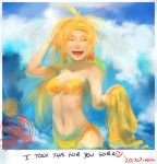 bandeau bikini blonde_hair breasts cleavage closed_eyes eyes_closed final_fantasy final_fantasy_x final_fantasy_x-2 front-tie_top jc kingdom_hearts lips long_hair navel_cutout open_mouth partially_submerged photo_(object) postage_stamp rikku sarong side-tie_bikini solo swimsuit text water waves yellow_bikini 