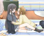  akiyama_mio bad_id bed black_hair black_legwear blush brown_hair coat footwear futon k-on! leaning_back long_hair maka_(hyougenbu) mouth_hold multiple_girls pillow pleated_skirt profile sitting skirt socks tainaka_ritsu undressing wariza white_legwear yuri 