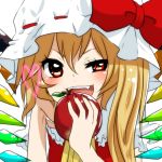  apple blonde_hair fang flandre_scarlet food fruit hat heart holding holding_apple holding_fruit naughty_face negiko red_eyes side_ponytail solo the_embodiment_of_scarlet_devil touhou wings 