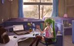  bespectacled bracelet clock computer crossed_legs curtains electric_socket glasses green_eyes green_hair hatsune_miku jewelry lamp laptop legs_crossed lens_flare long_hair megurine_luka necklace office office_chair plant sandro sitting skirt solo spark_(sandro) takoluka thigh-highs thighhighs twintails very_long_hair vocaloid waving window 