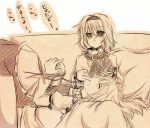  alice_margatroid apron ball capelet couch dress hairband kirisame_marisa lap_pillow long_hair lying monochrome multiple_girls on_back open_mouth pillow short_hair sitting sy0610 touhou translated translation_request wool yuuta_(monochrome) 