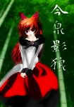  1girl animal_ears bamboo blouse bouzu_(pivuv) brooch character_name collarbone hands_together head_tilt imaizumi_kagerou jewelry long_hair looking_at_viewer open_mouth red_eyes redhead scarf skirt solo touhou v_arms wolf_ears 