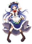 :d bad_id blue_hair boots bow cross-laced_footwear food frilled_skirt frills fruit hand_on_hat hat highres hinanawi_tenshi lace-up_boots long_hair long_skirt looking_at_viewer mauve open_mouth peach simple_background skirt smile solo touhou white_background yellow_eyes