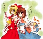  alice_margatroid alice_margatroid_(cosplay) anger_vein angry apron ascot bandage bandages blonde_hair blue_dress blue_eyes blush bow brown_eyes brown_hair capelet cosplay costume_switch detached_sleeves dress flapping hair_bow hair_tubes hairband hakurei_reimu hakurei_reimu_(cosplay) locked_arms miko multiple_girls open_mouth sarashi sash shanghai_doll shirt short_hair skirt spell_card sy0610 touhou translated translation_request yuuta_(monochrome) 