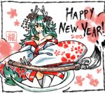  2012 breasts calligraphy_brush cleavage dragon_girl dragon_tail flower green_hair hair_flower hair_ornament hair_over_one_eye happy_new_year horns japanese_clothes kimono kyuubiness long_hair new_year off_shoulder original paintbrush solo tail thigh-highs thighhighs translated white_legwear 