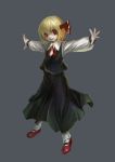  blonde_hair bobby_socks brooch child dress_shirt highres jewelry mary_janes outstretched_arms pale_skin red_eyes rumia shirt shoes short_hair simple_background skirt smile socks solo spark621 spread_arms the_embodiment_of_scarlet_devil touhou white_legwear youkai 