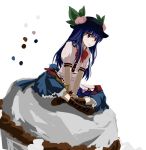  bad_id blue_hair boots cross-laced_footwear digital001 food fruit hat hinanawi_tenshi indian_style keystone lace-up_boots long_hair peach red_eyes rough shide shimenawa sitting solo touhou v_arms 