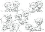  !? 6+boys anger_vein animal_ears bad_id ball cat_ears cat_tail chibi closed_eyes copyright_request eyes_closed fang glasses holding_another's_tail intertwined_tails monochrome multiple_boys musical_note short_hair sketch smile soccer_ball tail tail_grab tarou_(run) 