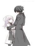  1boy 1girl ahoge athray black_hair blush couple flat_chest height_difference long_hair long_sleeves original r-sylph simple_background trench_coat violet_eyes white_hair yellow_eyes 