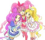  abrame cure_beat cure_melody cure_rhythm green_eyes hair_ribbon houjou_hibiki hummy_(suite_precure) kurokawa_ellen long_hair magical_girl minamino_kanade multiple_girls open_mouth pink_hair precure purple_hair ribbon siren_(suite_precure) suite_precure thigh-highs thighhighs twintails white_background 