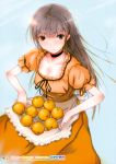  absurdres breasts brown_hair choker cleavage dress food fruit fuyuno_haruaki green_eyes highres light_smile looking_at_viewer orange orange_(color) original solo 