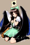  arm_cannon black_legwear black_sun black_wings bow breasts brown_hair cape cleavage finger_to_mouth hair_bow kneehighs long_hair red_eyes reiuji_utsuho sano_toshihide skirt solo sun touhou weapon wings 