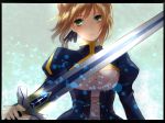  ahoge blonde_hair dress fate/stay_night fate_(series) fukuda935 green_eyes hair_ribbon ribbon saber solo sword weapon 