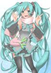  aqua_eyes aqua_hair bag colored detached_sleeves hatsune_miku headphones headset highres long_hair looking_at_viewer necktie open_mouth scarf skirt smile solo spring_onion thigh-highs thighhighs twintails ume_neko very_long_hair vocaloid zettai_ryouiki 