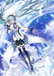  7th_dragon 7th_dragon_2020 apple aqua_eyes aqua_hair cloud feathers floating_hair food fruit hatsune_miku headphones long_hair piano_keys shoes silversirius skirt sky solo thigh-highs thighhighs twintails very_long_hair vocaloid wind wrist_cuffs zettai_ryouiki 