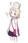  bad_id bag blonde_hair copyright_request dice grin hatsume-chan kiira messenger_bag object_on_head open_mouth perched_on_head pleated_skirt shirt short_hair short_sleeves shoulder_bag simple_background skirt smile solid_circle_eyes solo white_background 