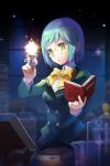  artist_request bangs blazer blue_hair book bookmark bow darkness dress_shirt frills glasses glowing green_eyes holding holding_book lamp lowres open_book open_mouth parted_bangs ribbon school_uniform shirt short_hair solo sparkle sword_girls uniform window 