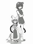  adult animal_ears bad_id cat_ears cat_tail chen child crossed_arms digital001 earrings fox_tail hands_in_sleeves jewelry monochrome multiple_girls multiple_tails no_hat no_headwear role_reversal short_hair smile tail touhou yakumo_ran young 