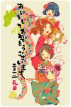  4girls blue_eyes blue_hair brown_hair calligraphy calligraphy_brush conoha green_hair hair_ornament inazuma_eleven inazuma_eleven_(series) japanese_clothes kino_aki kudou_fuyuka long_hair multiple_girls new_year open_mouth otonashi_haruna paintbrush purple_hair raimon_natsumi red_eyes short_hair 