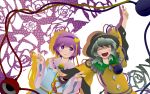  blush closed_eyes digital001 eyeball eyes_closed flower green_hair hairband hat heart highres komeiji_koishi komeiji_satori multiple_girls open_mouth purple_eyes purple_hair rose short_hair siblings sisters smile third_eye touhou violet_eyes 