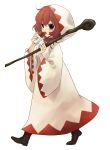  ahoge boots bread eating etarosa final_fantasy final_fantasy_iii final_fantasy_tactics food highres hood open_mouth red_hair redhead shadow short_hair simple_background solo staff walking white_background white_mage 