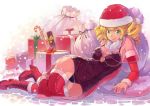  blonde_hair boots breasts capelet christmas cleavage cross-laced_footwear detached_sleeves drill_hair gift green_eyes hat high_heels kanini long_hair lying on_side one-piece_swimsuit original present red_legwear red_thighhighs santa_costume santa_hat school_swimsuit short_hair smile snow snowman solo swimsuit thigh-highs thighhighs twin_drills 