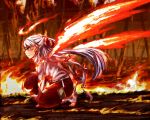  burning fiery_wings fire forest fujiwara_no_mokou hairband kneeling long_hair madara_hato nature pants red_eyes silver_hair solo touhou very_long_hair wings 