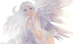  blue_eyes breasts dark_skin feathers harpy long_hair mizushirazu monster_girl navel original solo white_hair wings 