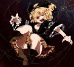  blonde_hair blood boots bow bracelet breasts cleavage dark_background dress fingernails frills hair_bow iroyopon jewelry kurodani_yamame nail nail_polish open_mouth red_eyes ribbon short_hair skirt smile solo spider_web touhou underwear 
