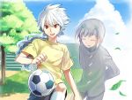  ball blue_hair closed_eyes eyes_closed hakuryuu_(inazuma_eleven) inazuma_eleven inazuma_eleven_(series) inazuma_eleven_go leaf long_hair multicolored_hair multiple_boys obo open_mouth red_eyes short_hair shuu_(inazuma_eleven) sky smile soccer_ball tree white_hair 