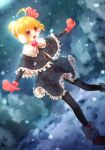  1girl ahoge alternate_hairstyle black_legwear blonde_hair capelet earmuffs frills highres mittens open_mouth outstretched_arms pantyhose ponytail rumia sakuyabm short_hair snow solo spread_arms the_embodiment_of_scarlet_devil touhou winter_clothes youkai 
